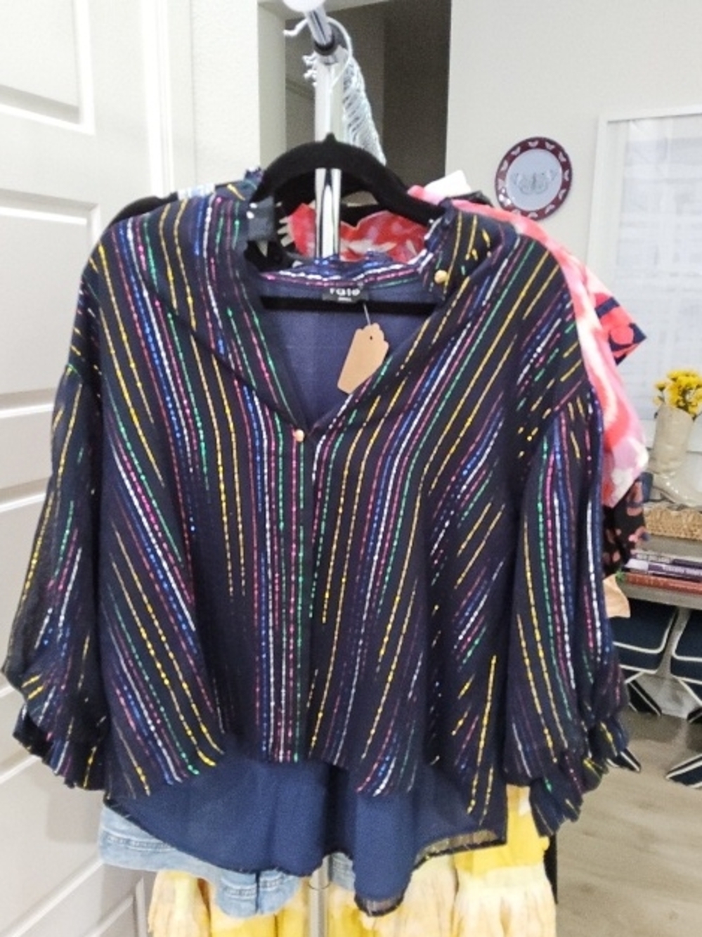 Fate Navy Multicolor Striped V-Neck Blouse
